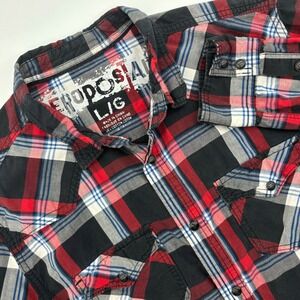 Aeropostale Mens Plaid Shirt Western Pearl Snap L/G Large Red Black